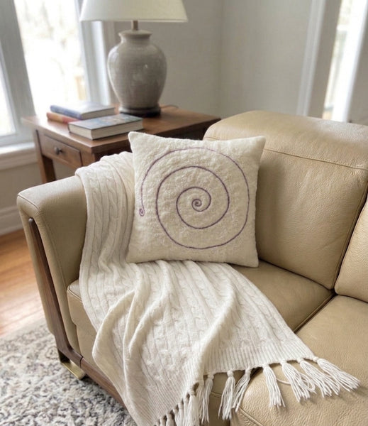 Suede and Wool Decorative Pillow in Burgundy & White with Horsehair Filling - GreenHuiz